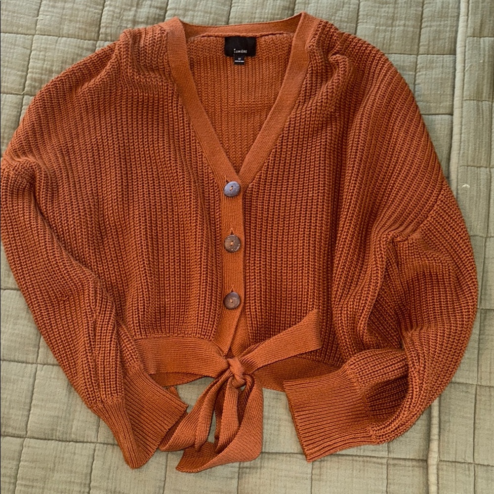 Orange Chunky Knit Cardigan with Waist Tie